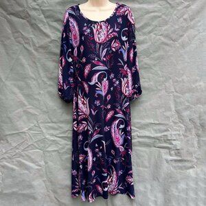 Talbots Size 12 Paisley Purple A-Line Modest Dress Stretchy Paisley 3/4 Sleeve